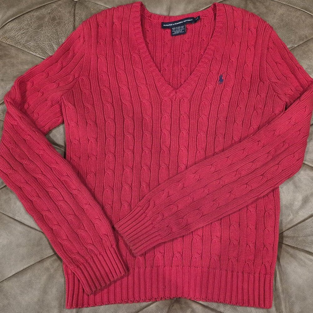 Ralph Lauren Cable-Knit Cotton Vneck Sweater